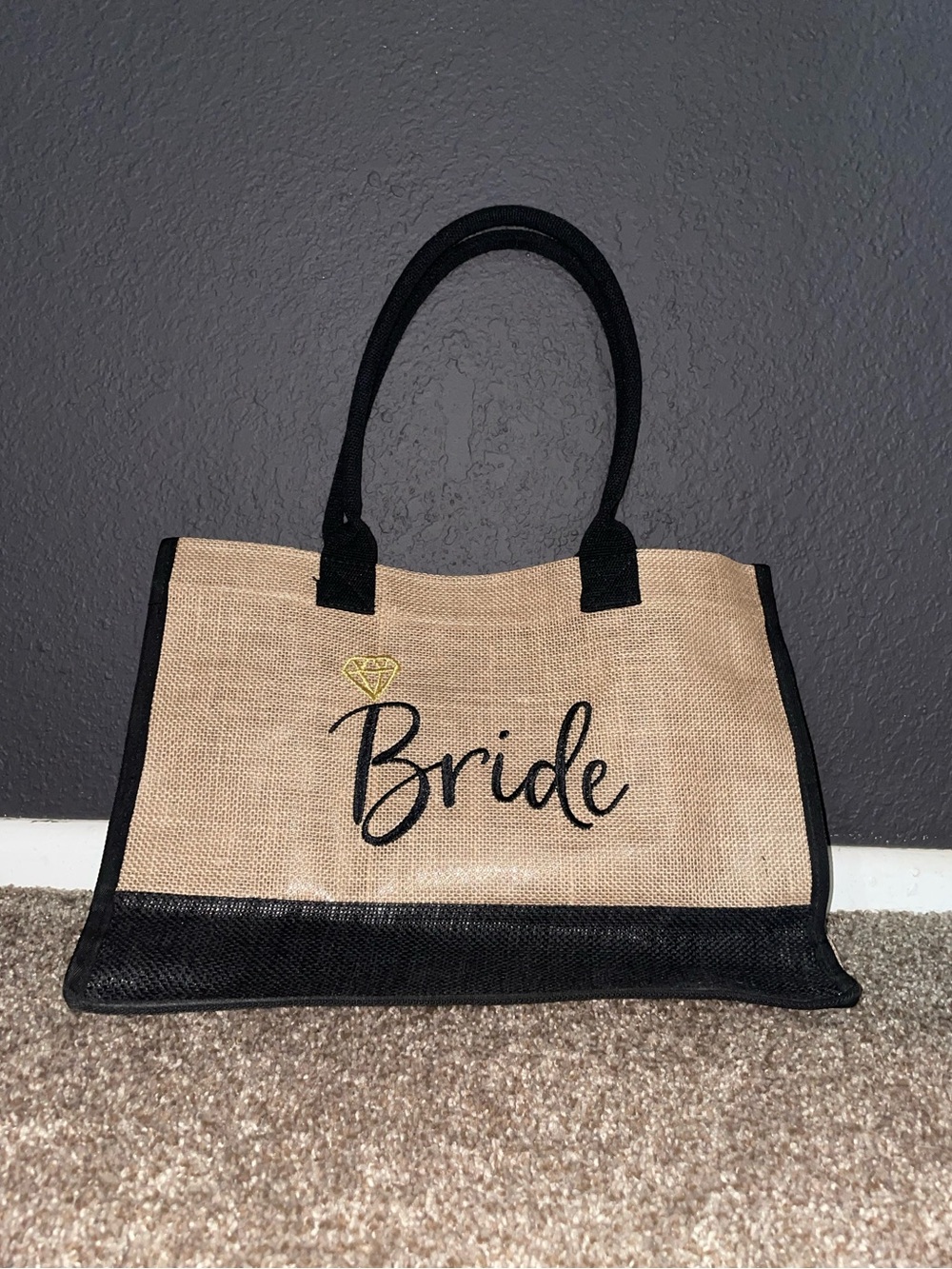 Bride Jute Tote Bag with Black Trim